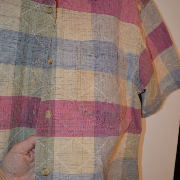 ANGELIQUE Cotton Button-Down Shirt Grey-Red-TanTextures Pattern Round Bottoms S - Picture 4 of 14